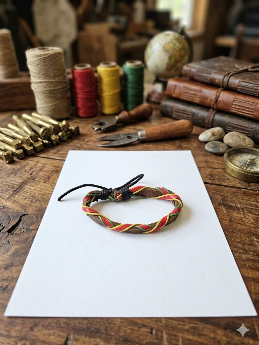 Braided Leather Bracelet with Red, Yellow & Green Accents